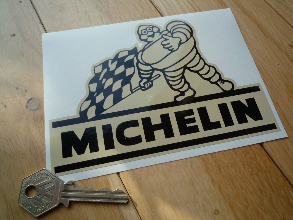 Michelin Black & Beige Bibendum with Chequered Flag Stickers. 6" Pair.