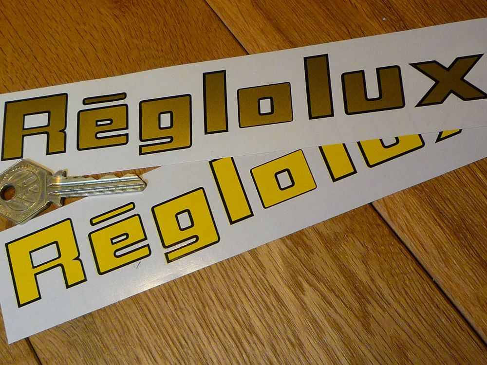 REGLOLUX (Marchal) OLD STYLE SCRIPT Gold & Black no background Sticker. 7.5