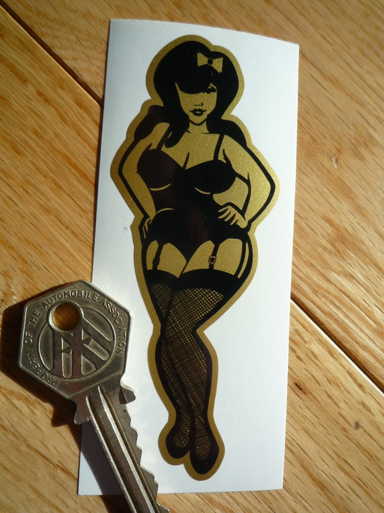 Pin-Up Girl in Black & Gold JPS Stockings & Suspenders Sticker. 4