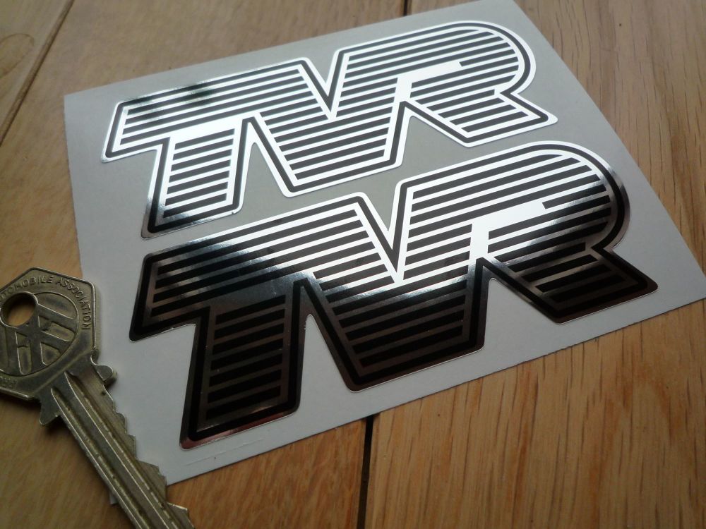 TVR Black & Chrome effect Striped Text Thick Foil Shaped Stickers. 4" Pair.