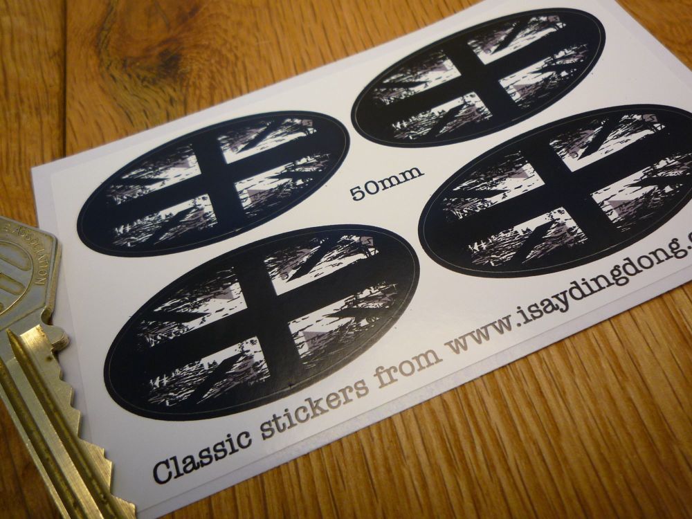 Union Jack Black & White FadeTo Black Oval Stickers. Set of 4. 50mm.