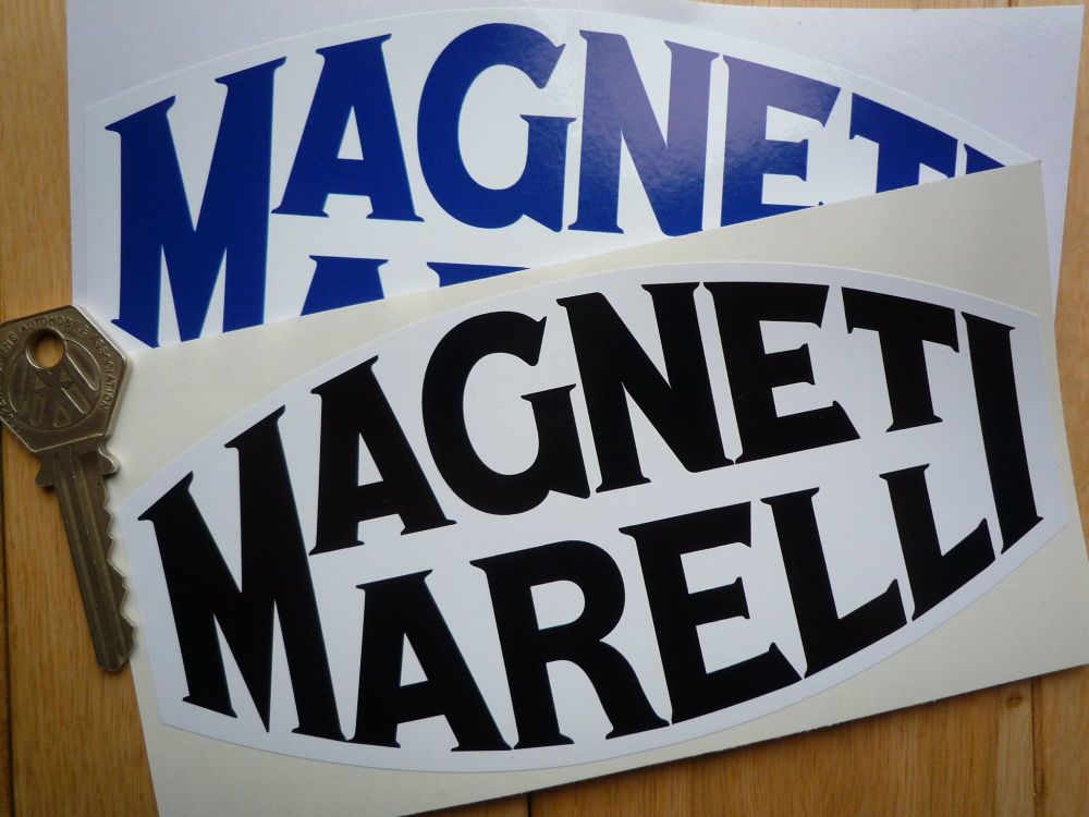 Magneti Marelli Old Serif Style Black or Blue & White Stickers. 6.25" Pair.
