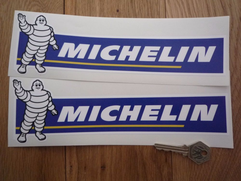 Michelin Text & Waving Bibendum Racing Stickers. 15" Pair.