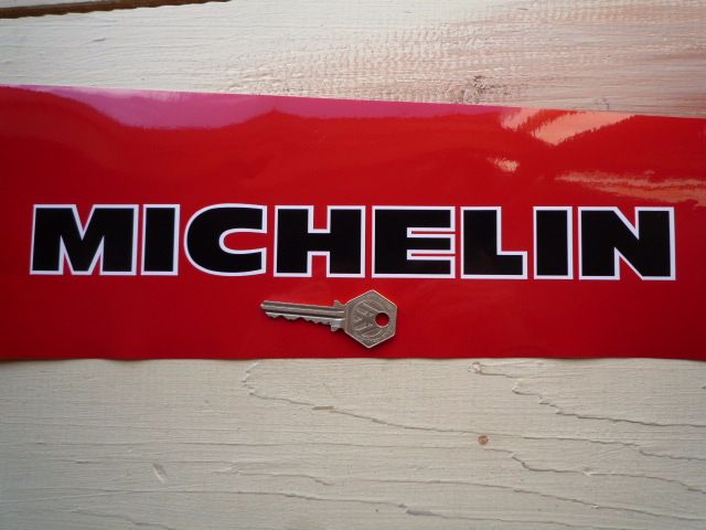 Michelin Cut Vinyl Black with White Outline Text Stickers. 14" or 16" Pair.