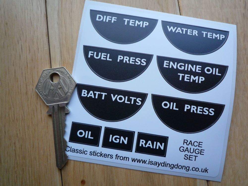 Race Car GAUGE Stickers. Set of 9. Drag, Sprint, Rally or Racing Car 