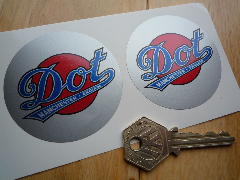 DOT 'Devoid Of Trouble' Blue, Silver & Red round stickers. 60mm Pair.