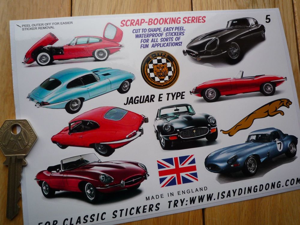 Jaguar E-Type Classic Style Scrapbooking Stickers Small Scale Labels. Set of 11. #5.
