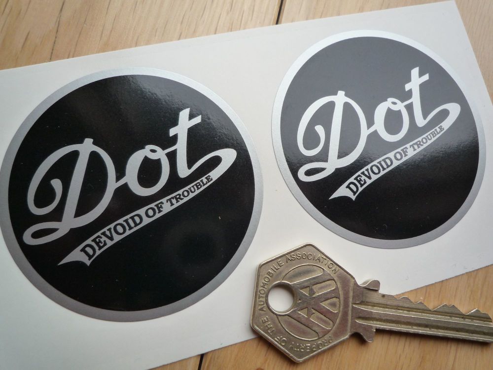 DOT 'Devoid Of Trouble' Circular Stickers. Black & Silver 60mm Pair.