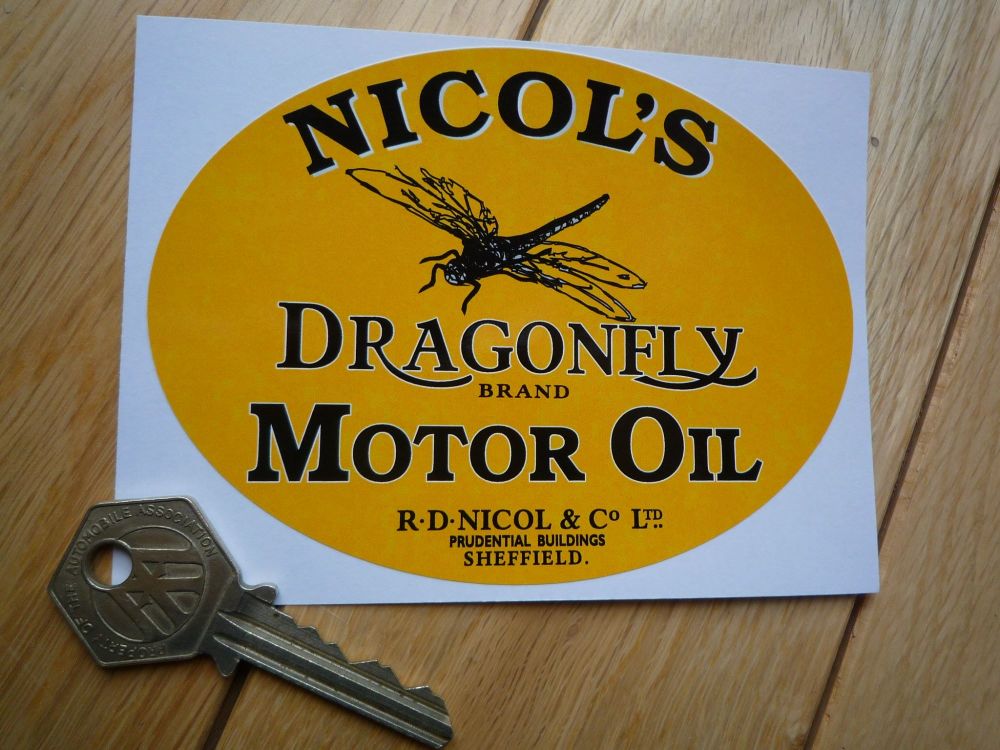 Nicols Dragonfly Motor Oil Oval Black & Yellow Sticker. 4.5
