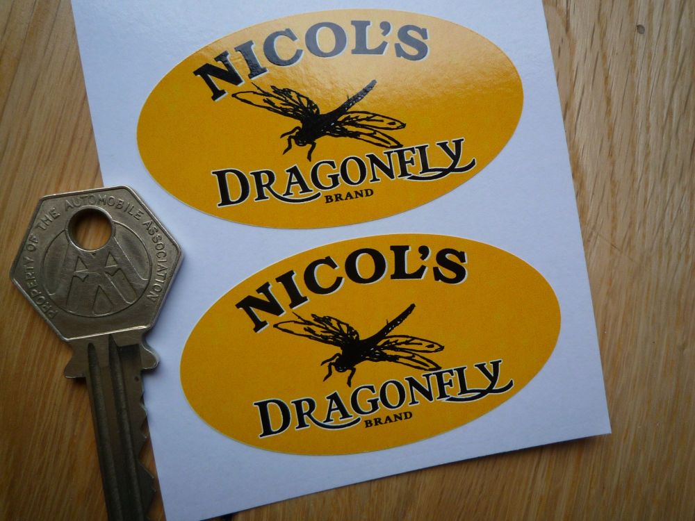 Nicols Dragonfly Motor Oil Oval Black & Yellow Stickers. 2.5" Pair.