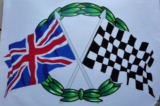 Crossed Union Jack & Chequered Flag with Garland Sticker. 2.5