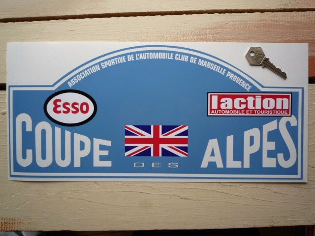 Coupe Des Alpes. Esso. L'action. Union Jack. Rally Plate Sticker. 16".