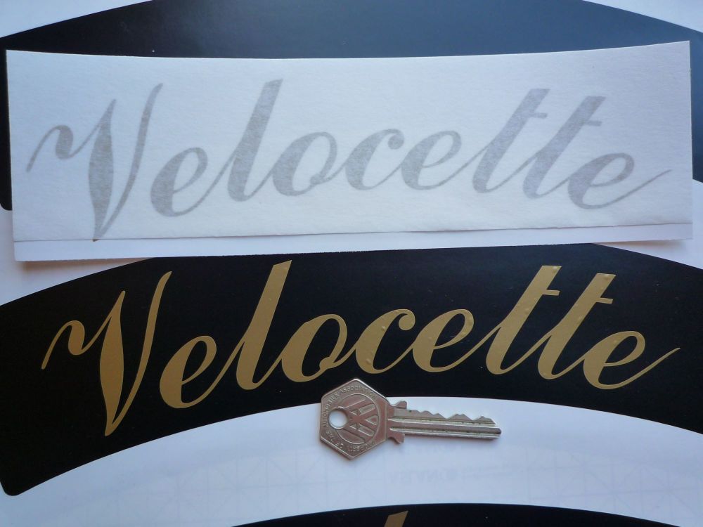 Velocette Curved Gold Cut Text Sticker for Motorcycle Front Number Plate. 10".