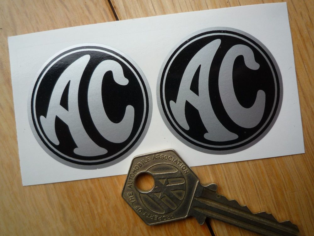 AC Cars Black & Silver Circular Stickers. 44mm Pair.