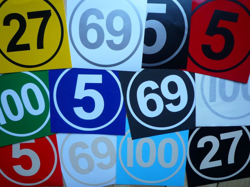 Cut Vinyl Racing Number & Border Stripe Style Roundels. Various Colours & Sizes. Set of 3.