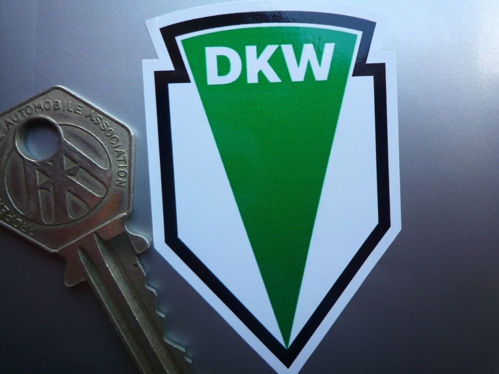 DKW  Black, Green & White shield shaped Sticker. 65 x 42mm.