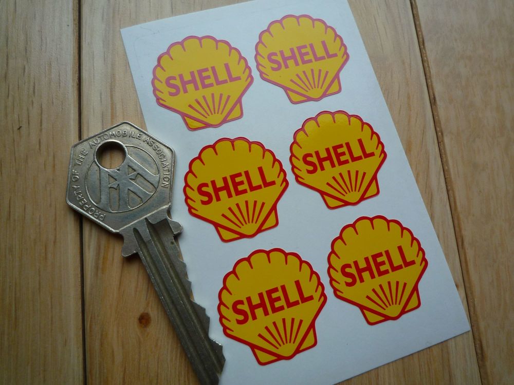 Shell Classic Red & Yellow Shaped Logo Stickers. Set of 6. 25mm.