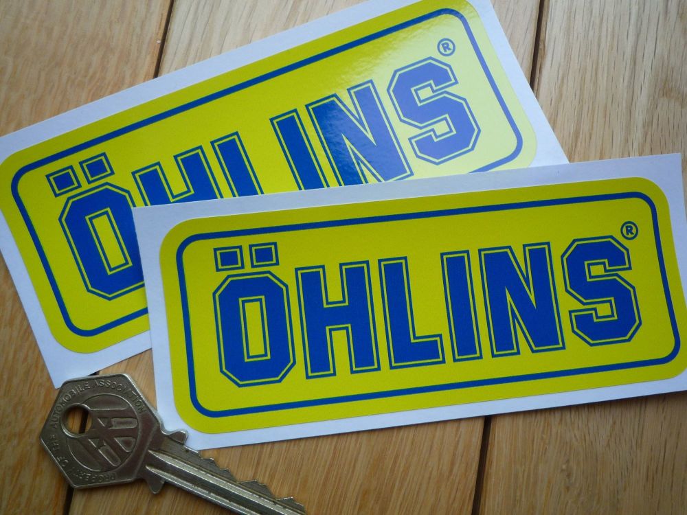 Ohlins Blue on Yellow Oblong Stickers. 120mm Pair