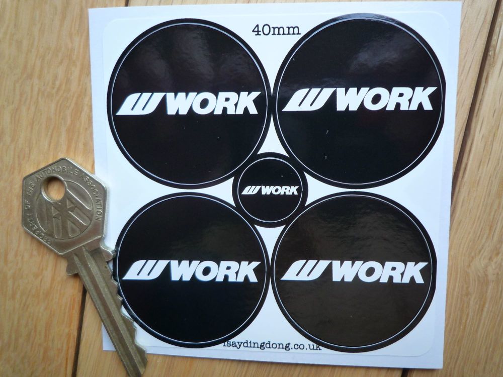 Work Black & White Wheel Centre Stickers. Set of 4. 40mm.