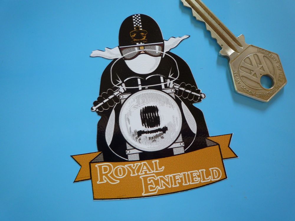 Royal Enfield Pudding Basin Helmet & White Scarf Cafe Racer Sticker. 3".