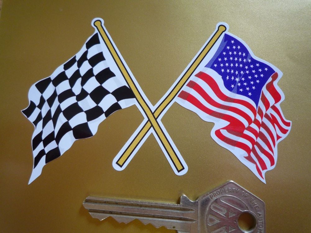 Crossed USA Stars & Stripes & Chequered Flag on White Sticker. 4