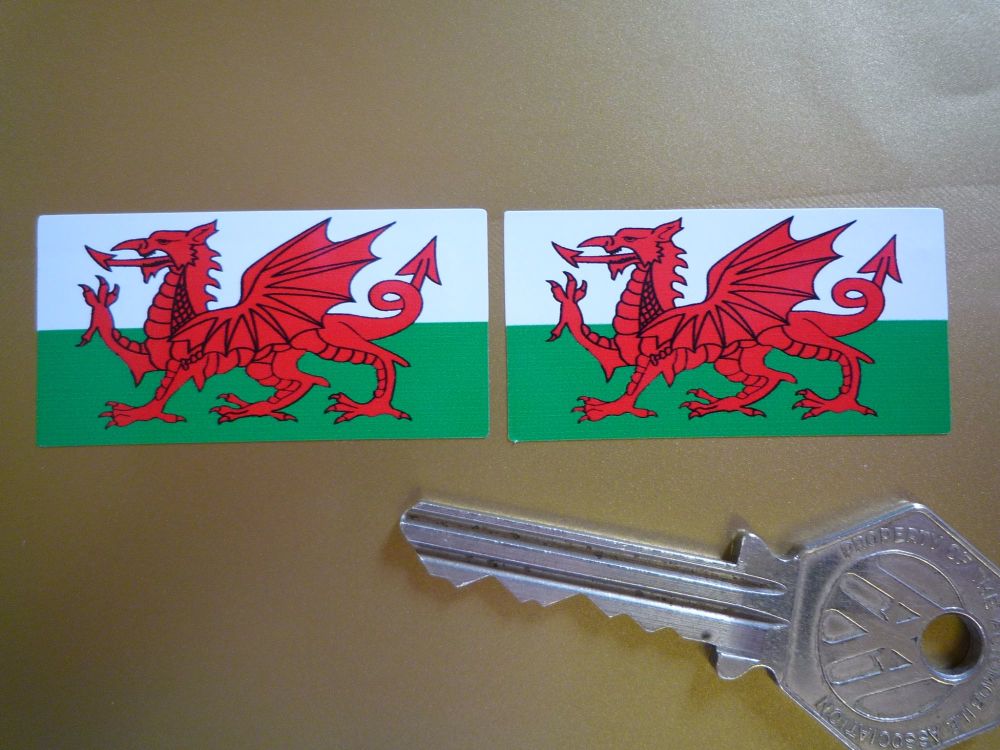 Welsh Dragon Flag Oblong Stickers. 45mm Pair.