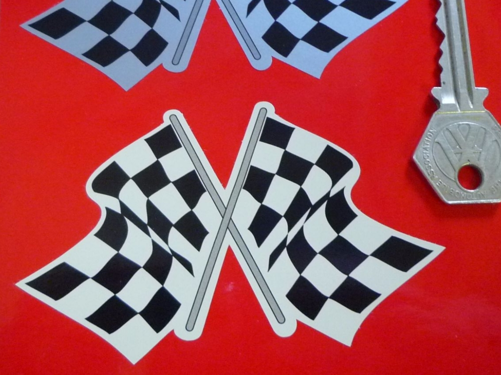 Chequered Flag Crossed Daytona Style Sticker. Black & Silver or Black & Bei