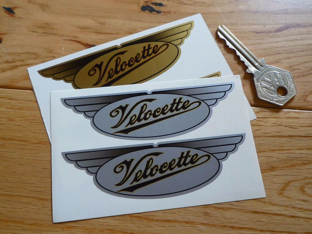 Velocette Winged Oval Stickers Silver or Gold. 4