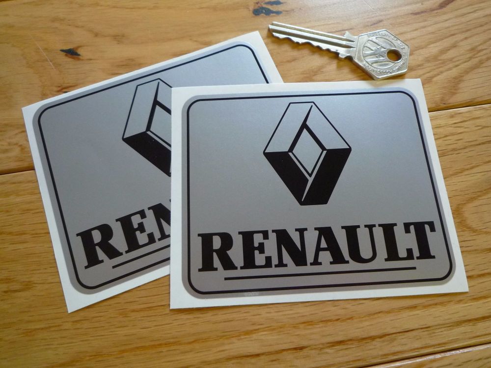 Renault Text & Logo Black & Silver Stickers. 4" Pair.