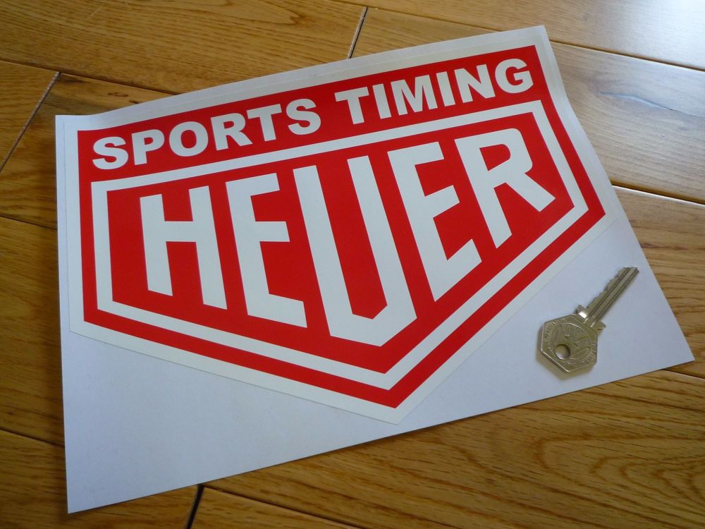Sports Timing Heuer. Red & White Sticker. 8" or 10".