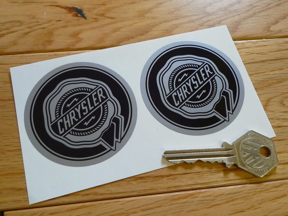 Chrysler Black & Silver Circular Rosette Logo Stickers. 63mm Pair.