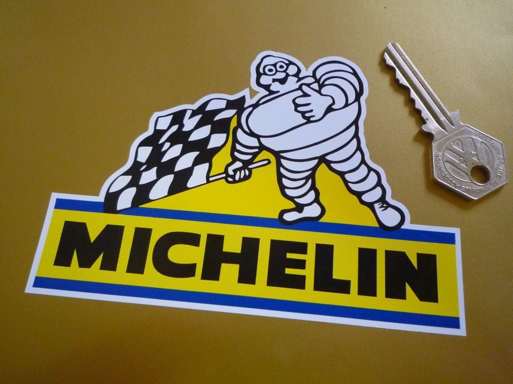 Michelin Bibendum with Chequered Flag Stickers. 5" Pair.