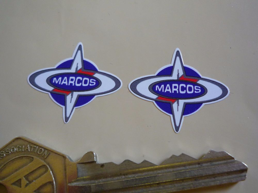 Marcos Logo Shaped Stickers. 1" or 2" Pair.