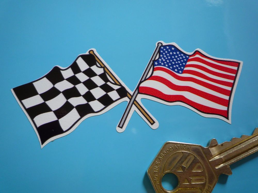 Crossed USA Stars & Stripes & Chequered Flag Sticker. 4