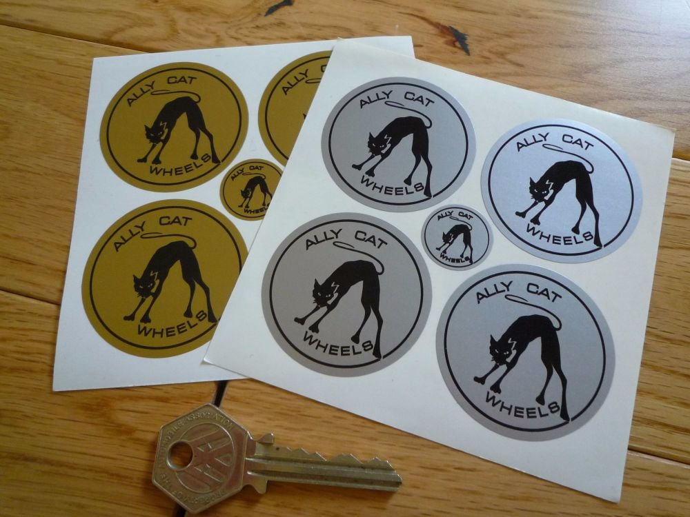 Ally Cat Wheels Black & Silver or Black & Gold Circular Stickers. Set of 4. 40mm or 48mm.