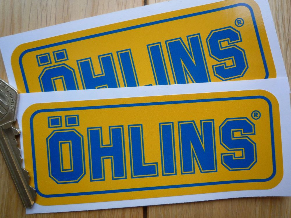 Ohlins Darker Blue & Yellow Oblong Stickers. 4.75" Pair