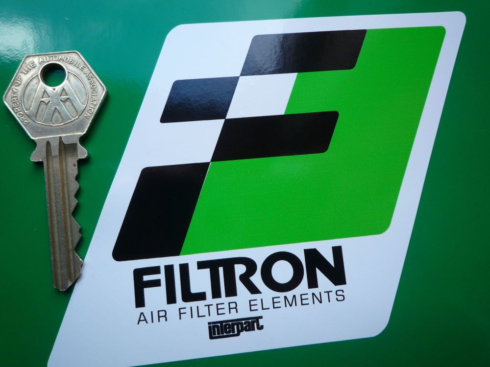 Filtron, Black, Green & White Parallelogram Stickers. 5" Pair.