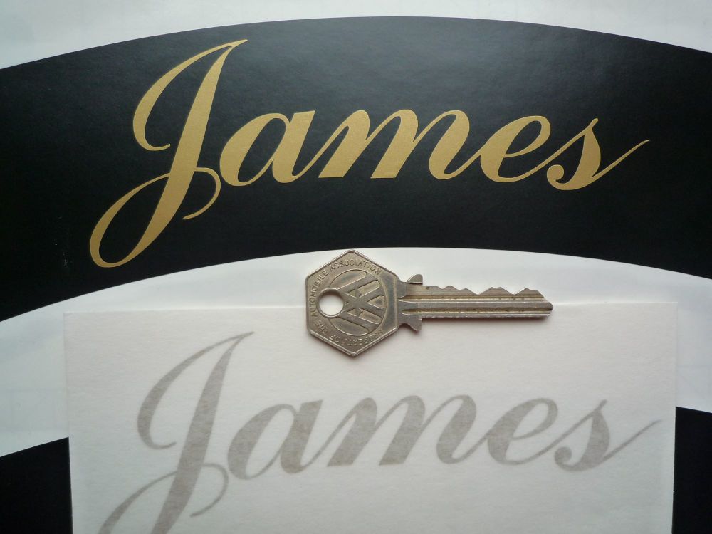 James Curved Gold Cut Text Sticker for Motorcycle Front Number Plate. 5.75".