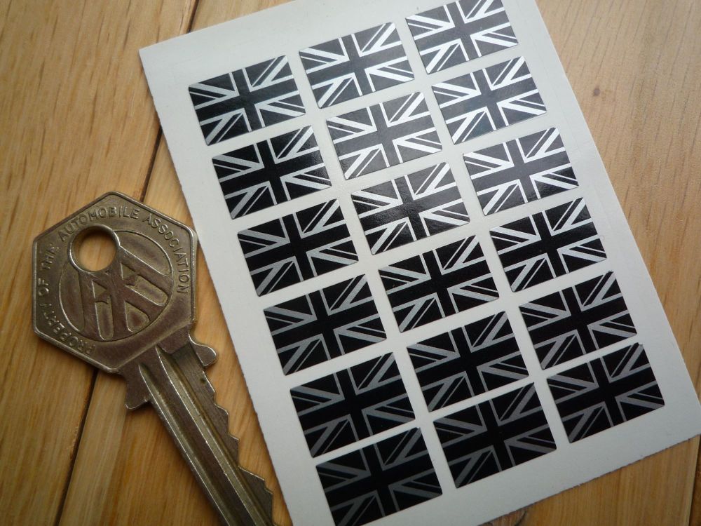 Union Jack Black & Silver Stickers. Set of 18. 15 x 10mm.