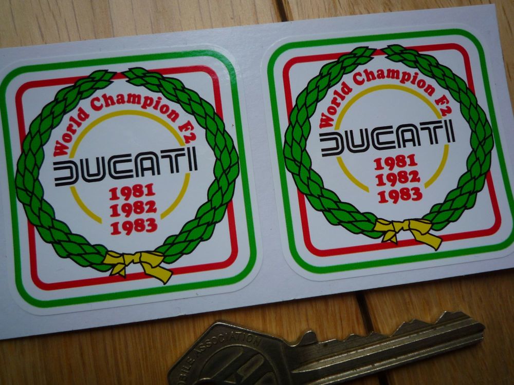 Ducati World Champion F2 '81 '82 '83 Sticker. 2" Pair .