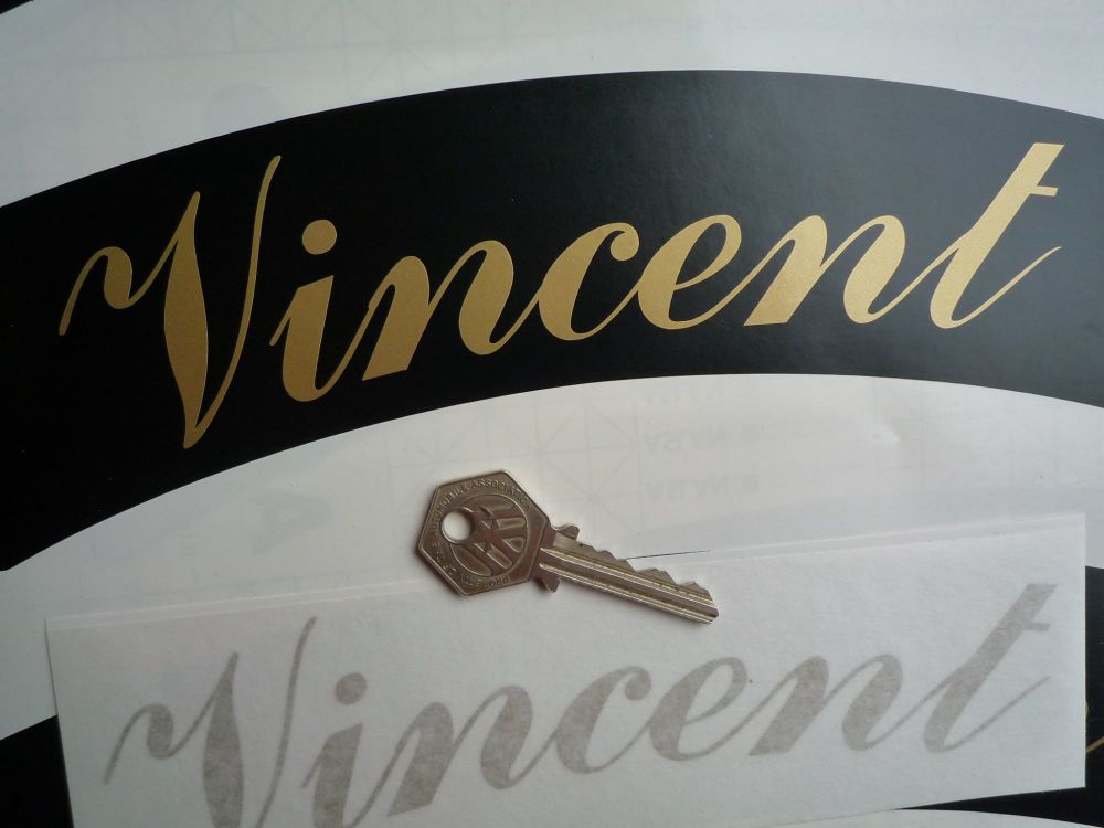 Vincent Curved Gold Cut Text Sticker for Motorcycle Front Number Plate. 8".