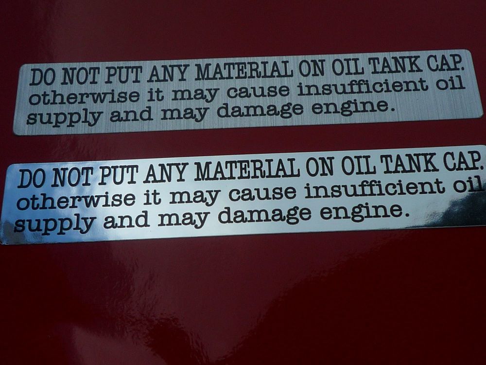 Suzuki GT750, 550, 380, 250, 185 etc. 'No Materials on Oil Tank Cap' Foil Sticker. 88mm.
