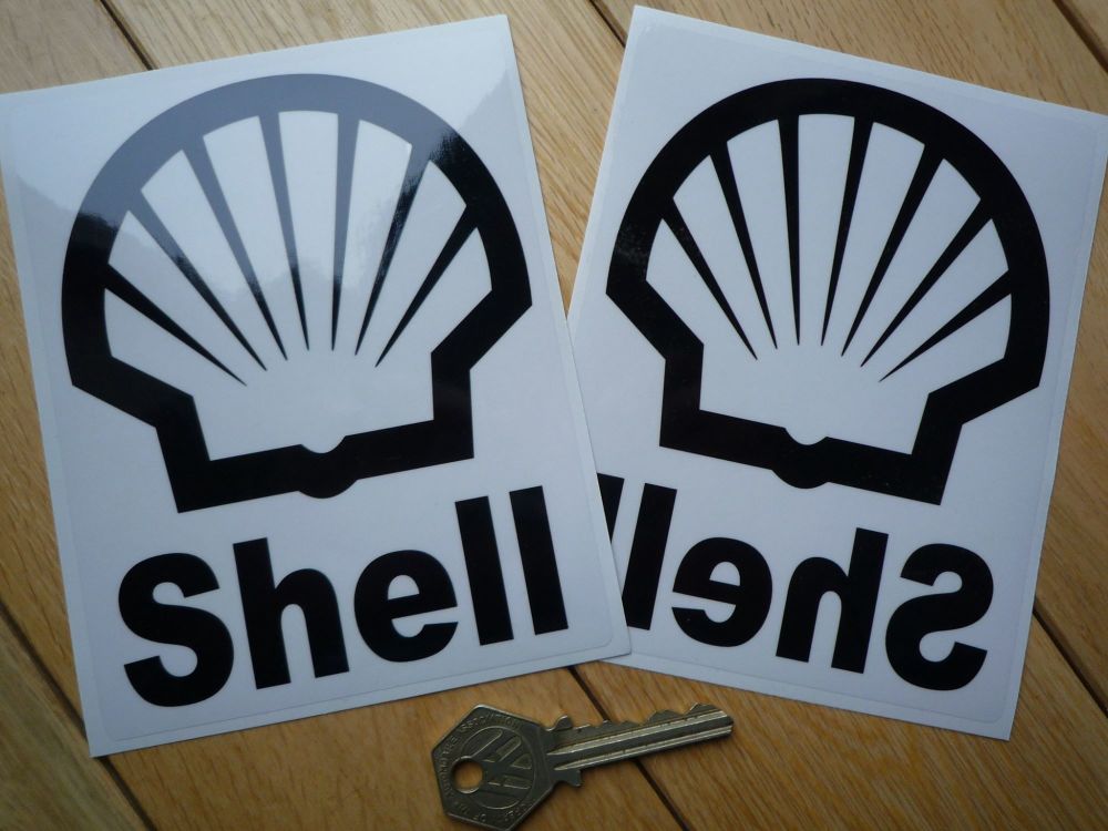 Shell Logo & Rounded Text Black & Clear Stickers. 5.25" Pair.