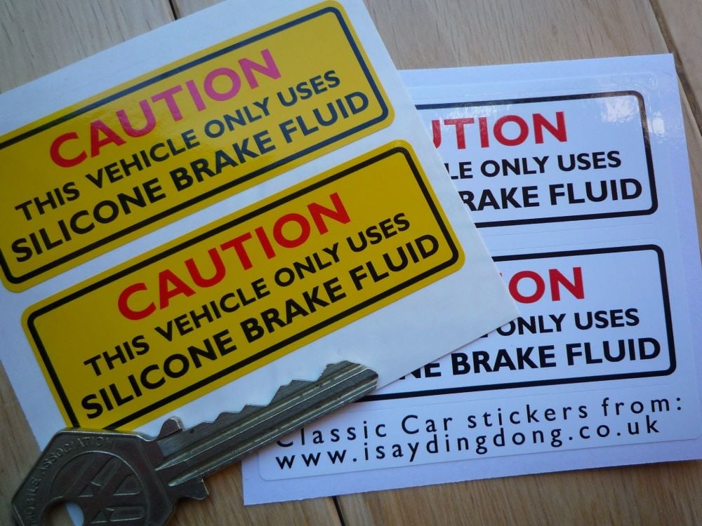 Caution Silicone Brake Fluid Sticker. Yellow or White. 3" Pair.
