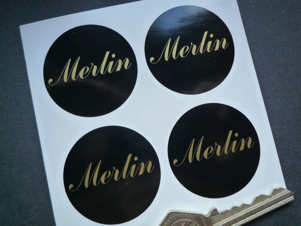 MERLIN Black & Silver or Gold Wheel Centre Stickers. Set of 4. 50mm