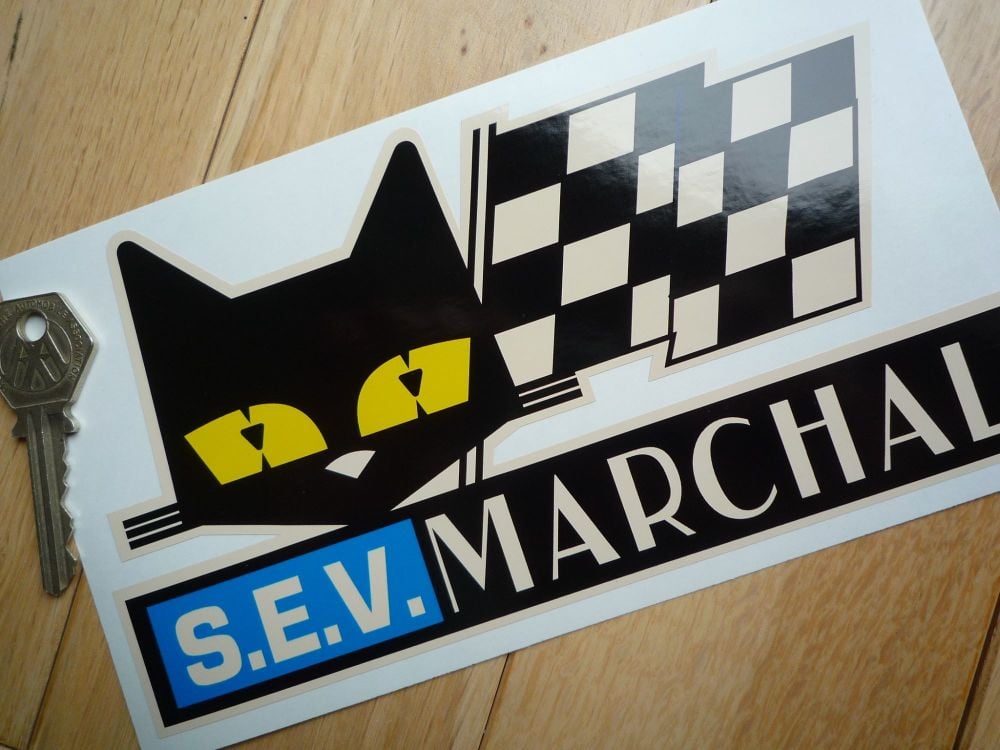 SEV Marchal Cat & Script Stickers. Old Style in Beige. 4.5" or 7.5" Pair.