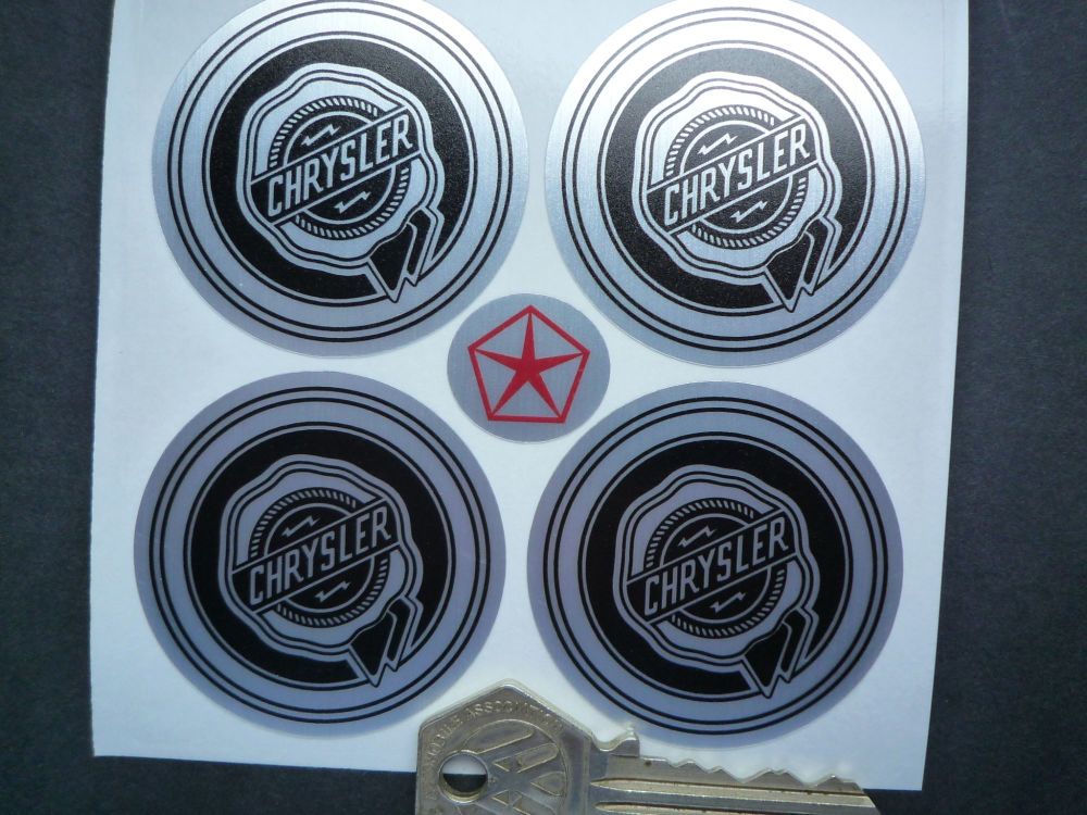 Chrysler Wheel Centre Style Stickers. Black & Brushed Foil. Set of 4. 50mm.