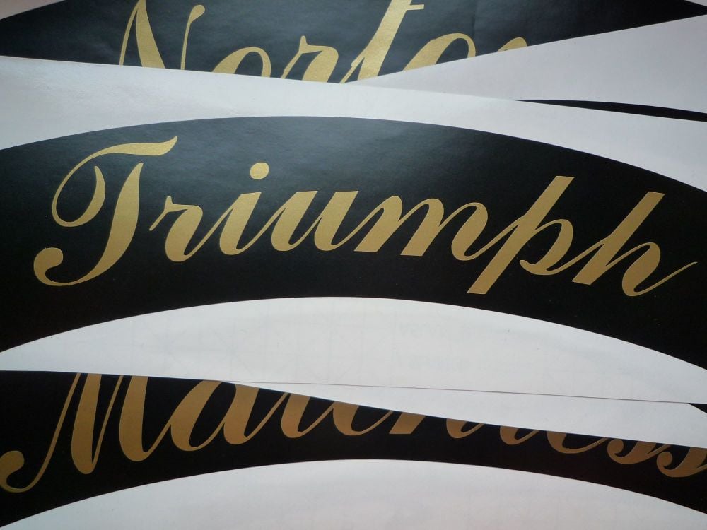 Triumph Curved Gold Cut Text Sticker for Motorcycle Front Number Plate. 8.5".