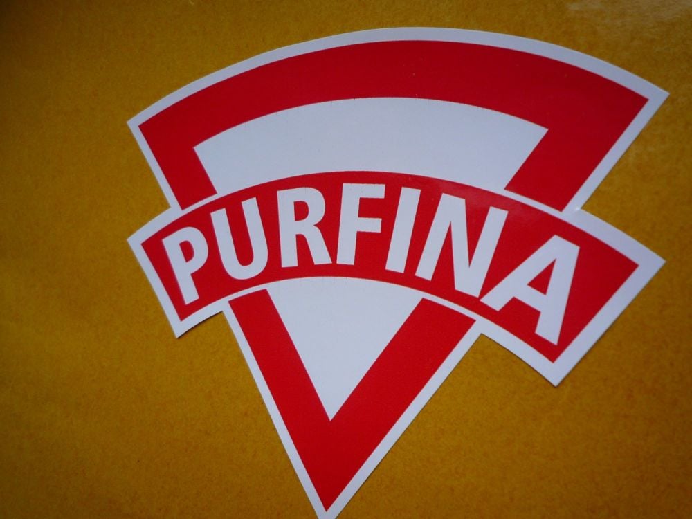 PurFina Old Style. Red & White. Shaped Petrol Can Stickers. 4" Pair.