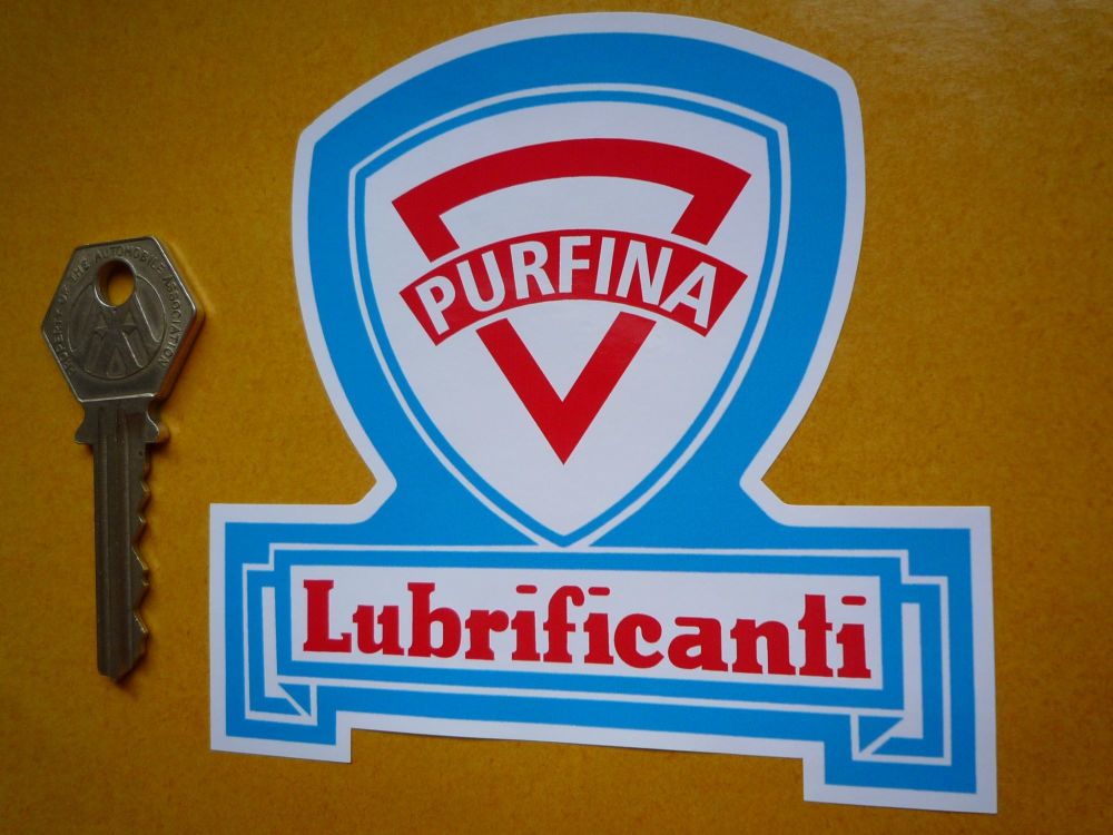 PurFina Lubrificanti Blue, Red & White Shaped Stickers. 4" Pair.